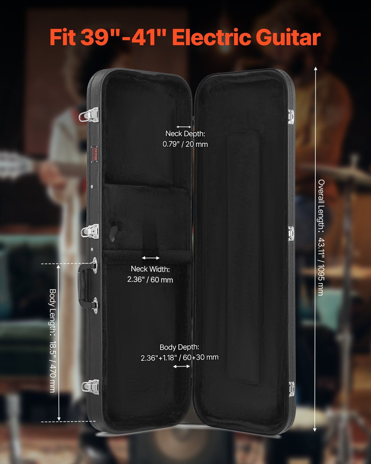 VEVOR Estuche Rígido Rectangular con Acolchado de PVC para Guitarra Eléctrica 1095mm / 43.11 in