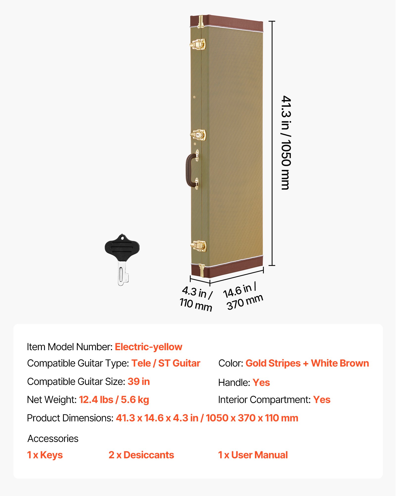 VEVOR Estuche Rígido para Guitarra Eléctrica de 39 pulgadas 99,1 cm Dorado, Rectangular, Para Guitarras ST/Tele, Con Cerradura, Acolchado, Llave, Compartimento para Accesorios, Resistente al Desgaste