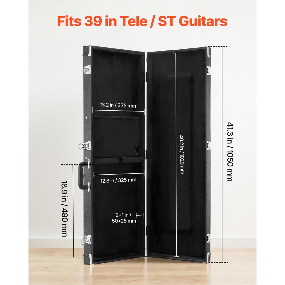 VEVOR Estuche Rígido para Guitarra Eléctrica de 39 pulgadas 99,1 cm Negro, Rectangular, Para Guitarras ST/Tele, Con Cerradura, Acolchado, Llave, Compartimento para Accesorios, Resistente al Desgaste