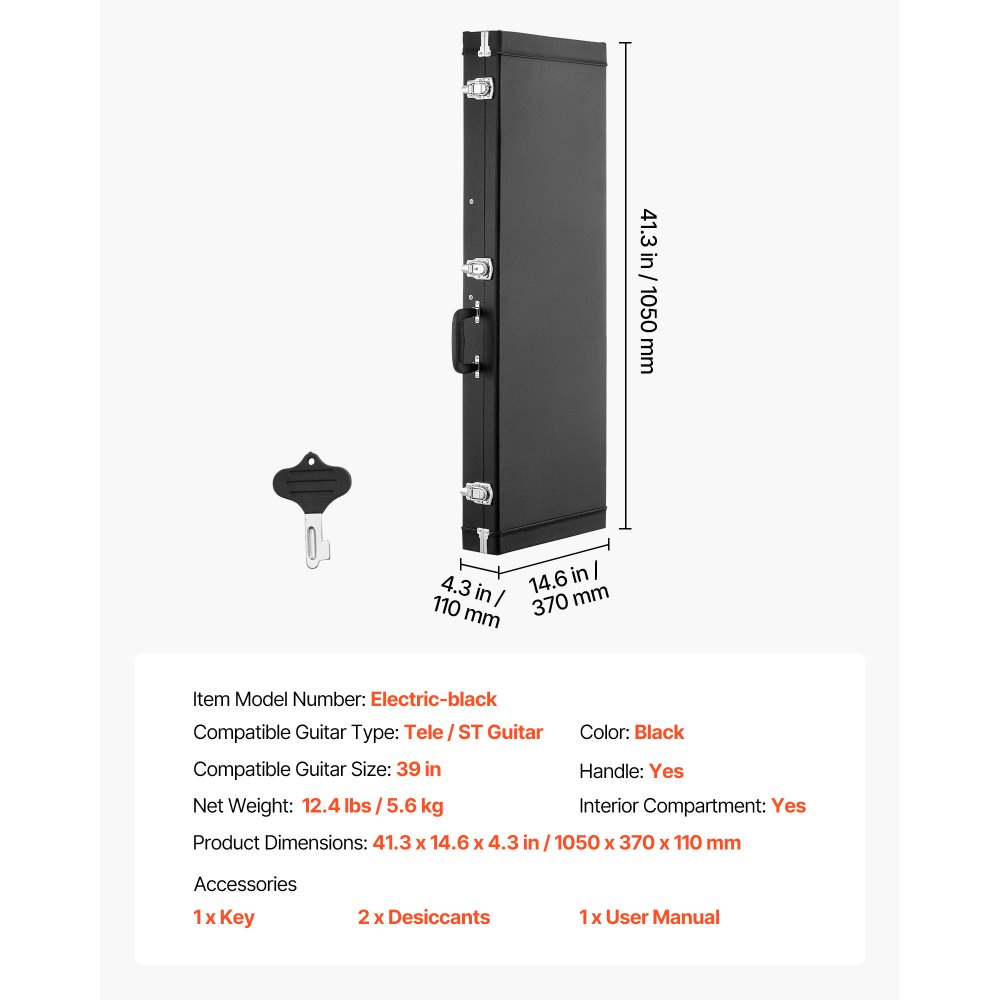 VEVOR Estuche Rígido para Guitarra Eléctrica de 39 pulgadas 99,1 cm Negro, Rectangular, Para Guitarras ST/Tele, Con Cerradura, Acolchado, Llave, Compartimento para Accesorios, Resistente al Desgaste