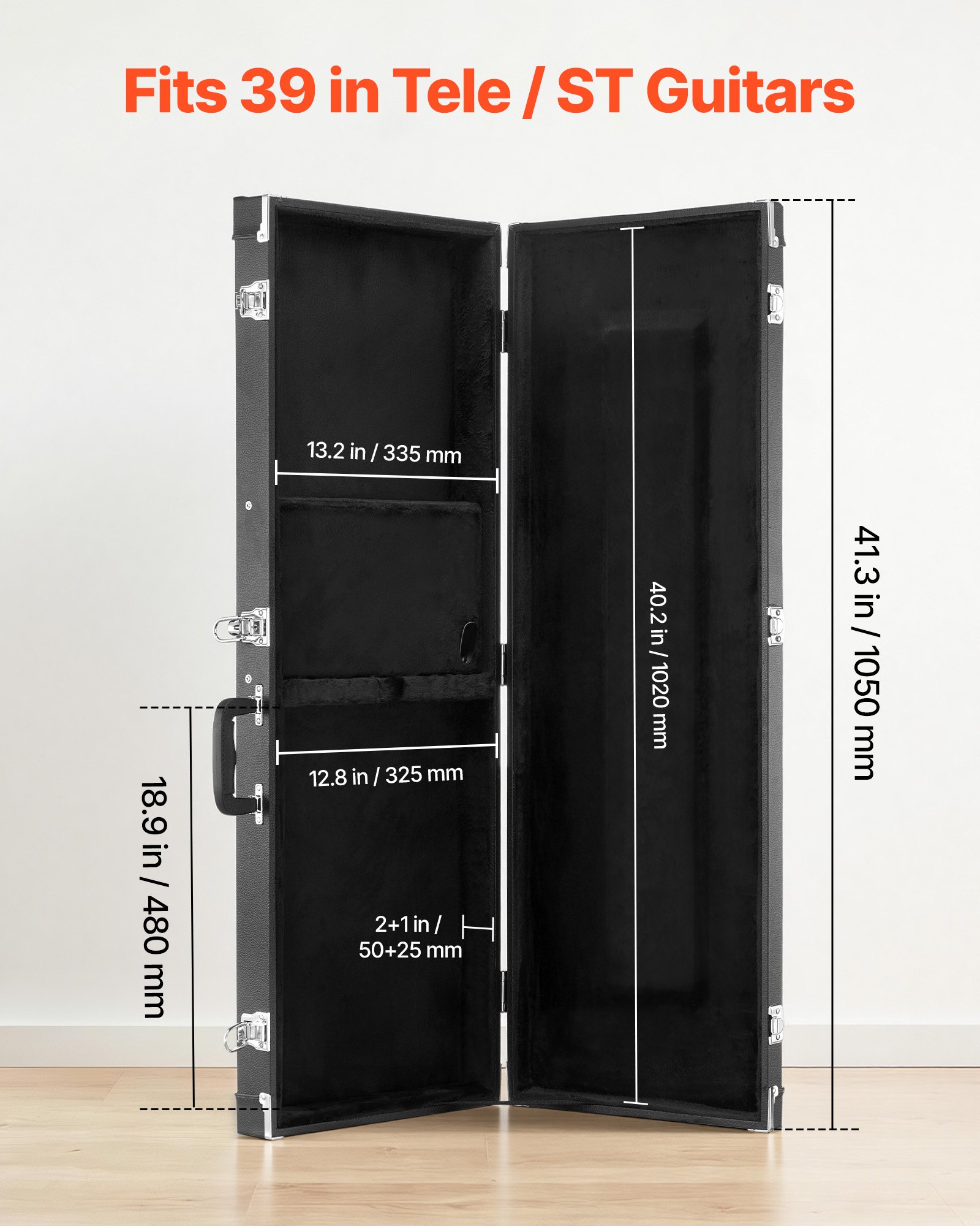 VEVOR Estuche Rígido para Guitarra Eléctrica de 39 pulgadas 99,1 cm Negro, Rectangular, Para Guitarras ST/Tele, Con Cerradura, Acolchado, Llave, Compartimento para Accesorios, Resistente al Desgaste