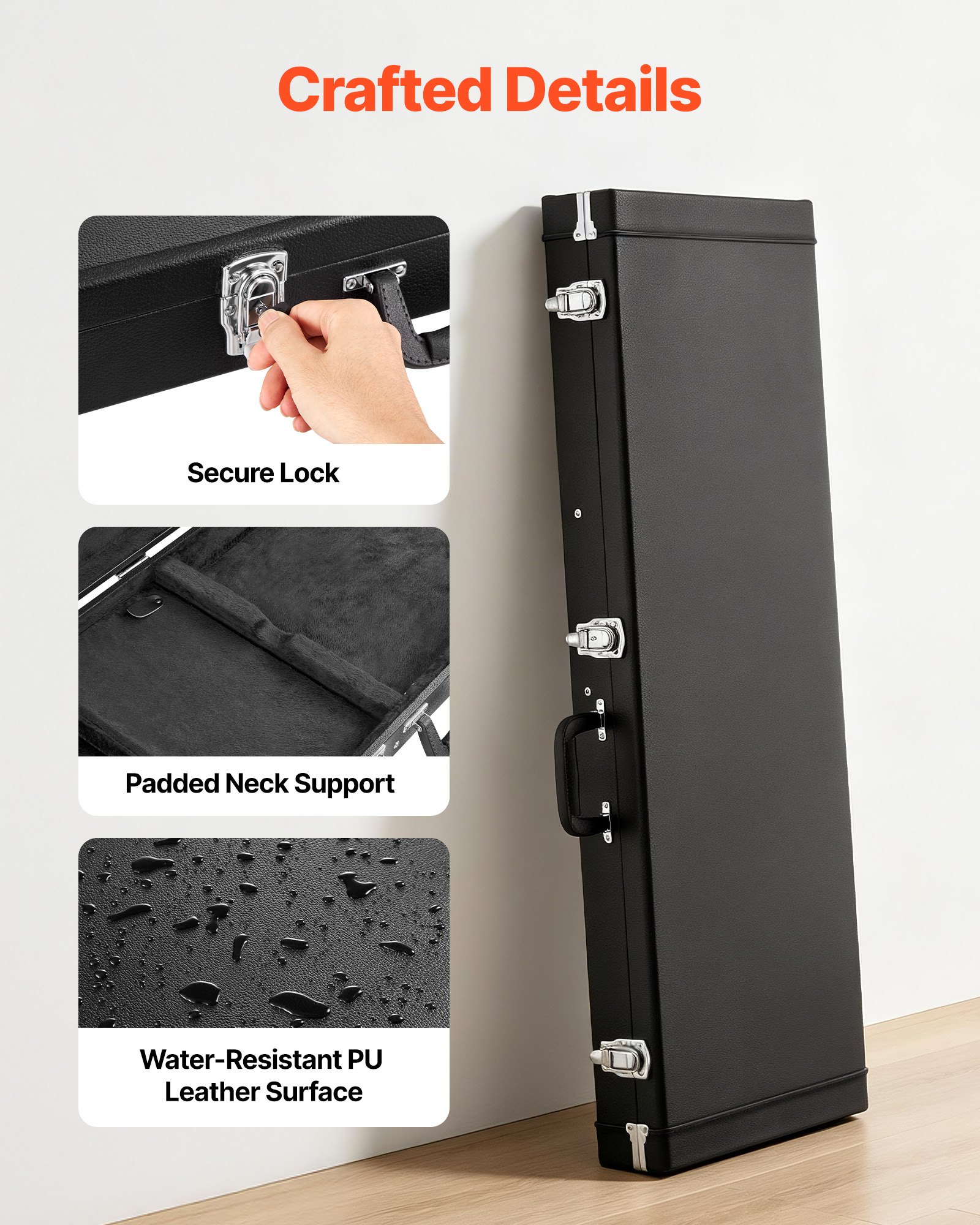 VEVOR Estuche Rígido para Guitarra Eléctrica de 39 pulgadas 99,1 cm Negro, Rectangular, Para Guitarras ST/Tele, Con Cerradura, Acolchado, Llave, Compartimento para Accesorios, Resistente al Desgaste