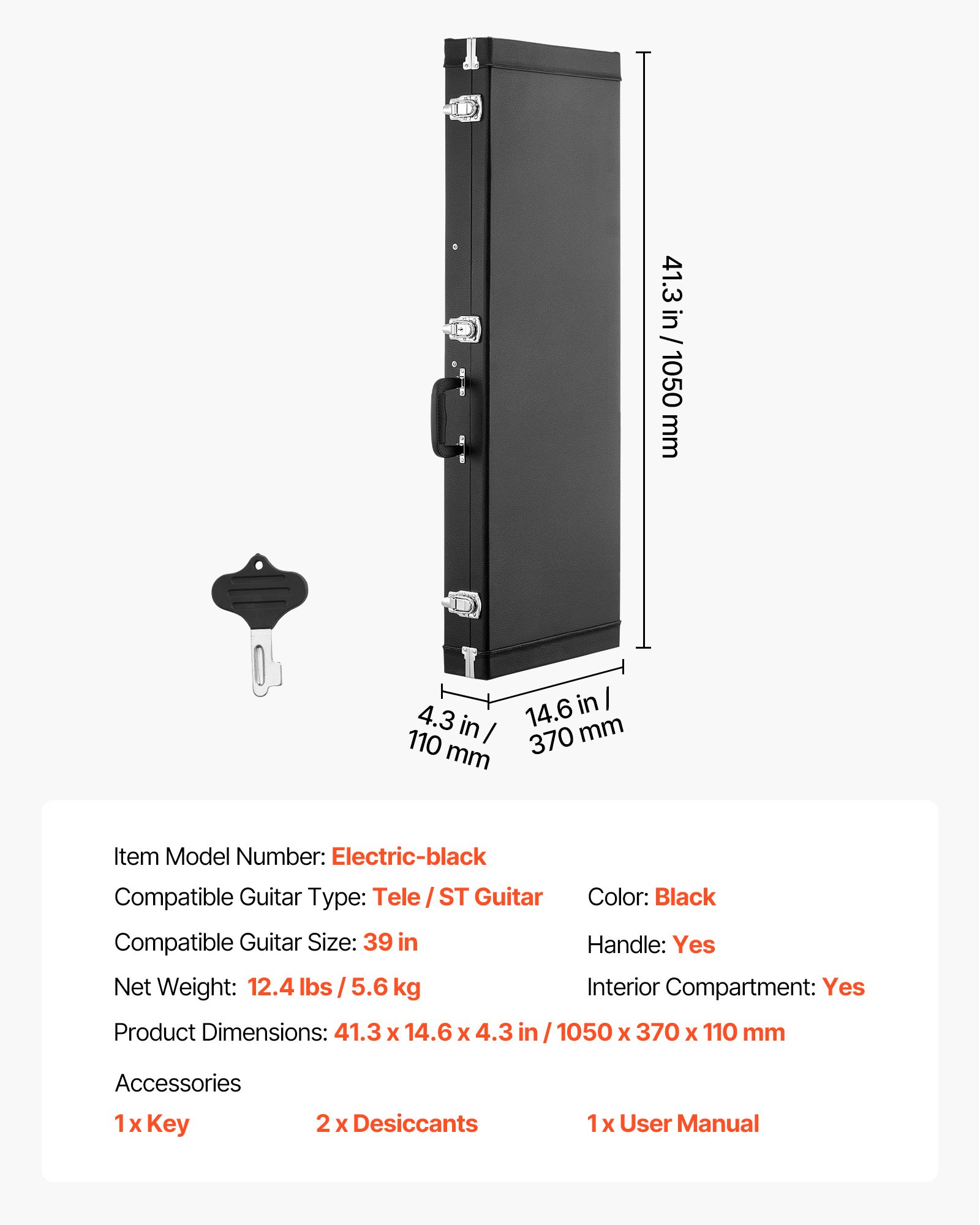 VEVOR Estuche Rígido para Guitarra Eléctrica de 39 pulgadas 99,1 cm Negro, Rectangular, Para Guitarras ST/Tele, Con Cerradura, Acolchado, Llave, Compartimento para Accesorios, Resistente al Desgaste
