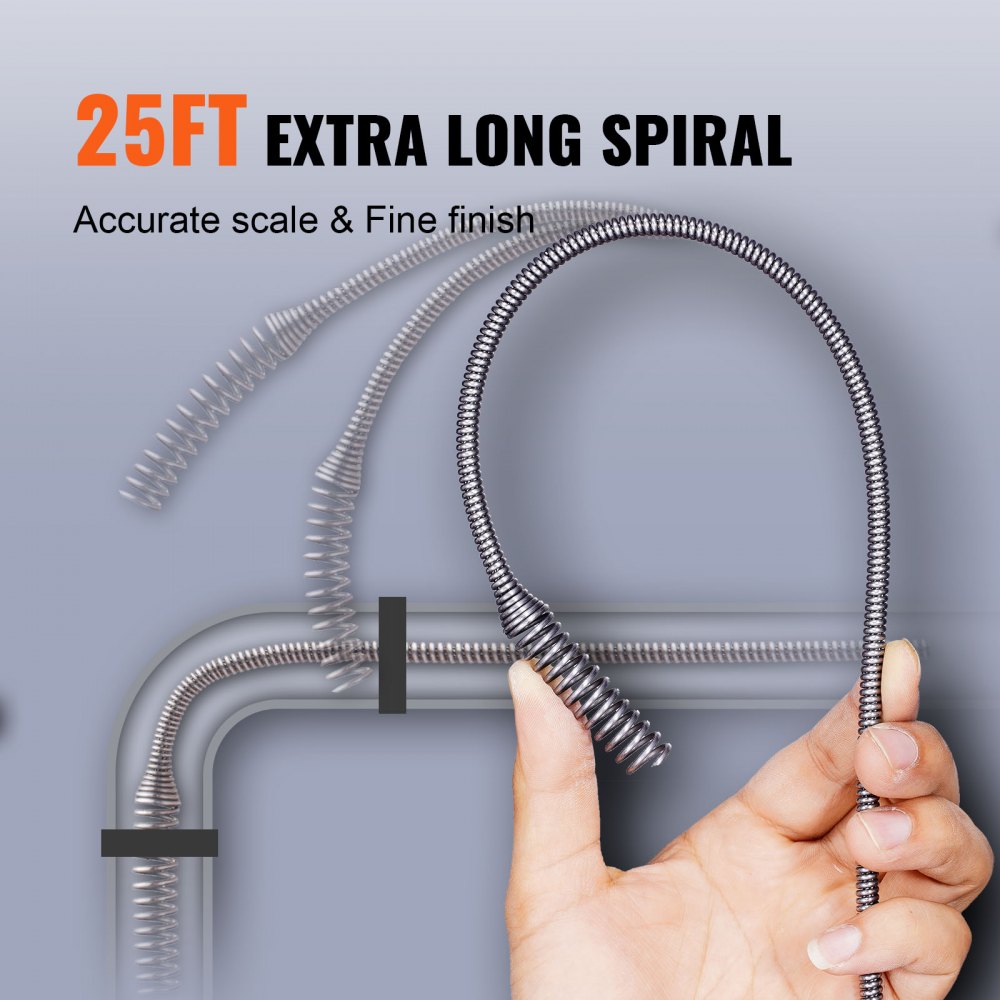 VEVOR Espiral de Limpieza de Tuberías 0,63x762 cm Cable de Acero de Resorte Limpiador de Drenaje de Alimentación Automática de Limpieza de Tuberías Limpiador de tuberías para Inodoros, Cocina, Baño