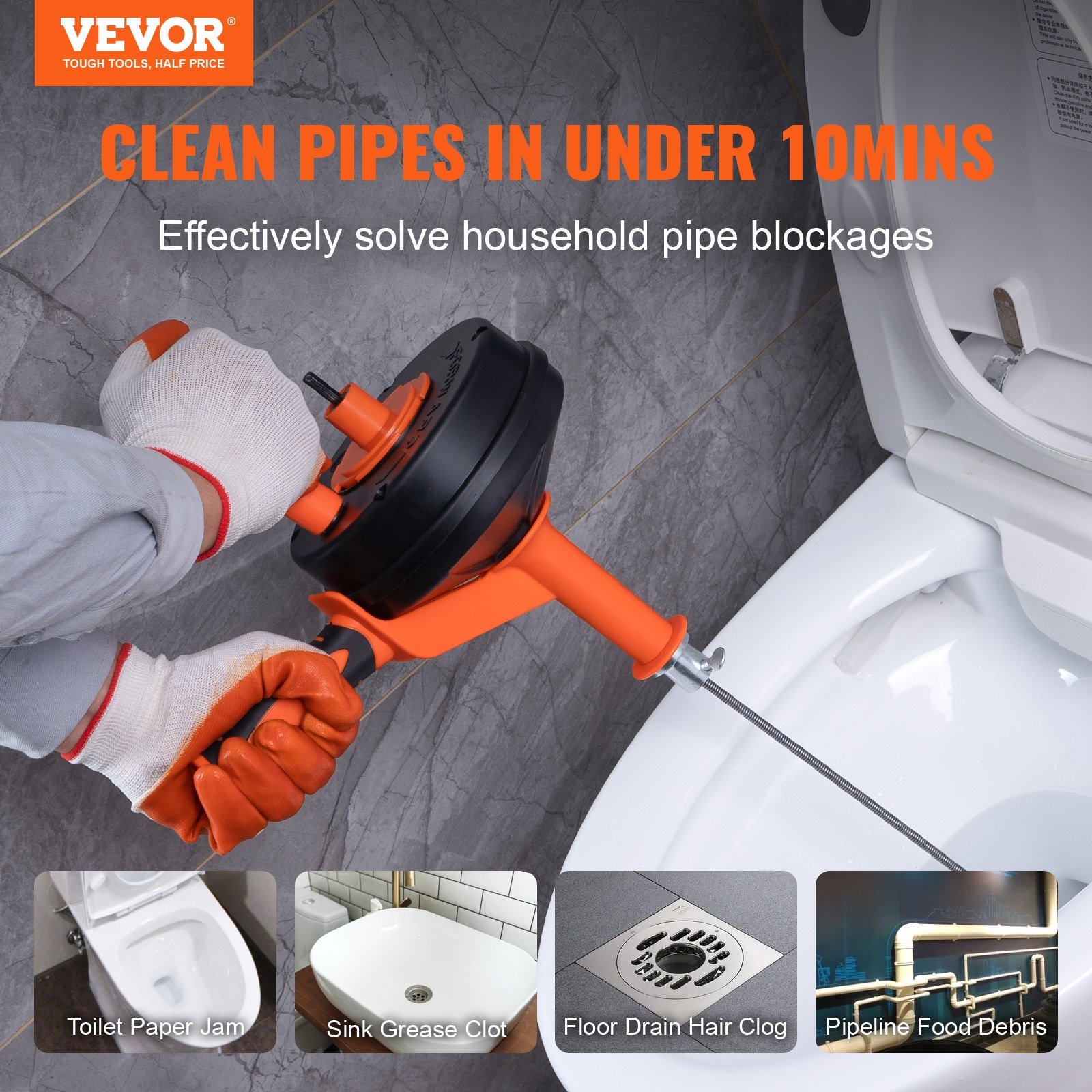 VEVOR Espiral de Limpieza de Tuberías 0,6x762 cm Serpiente de Fontanería con Accesorio de Perforación Desatascador de Desagües con Manguera Protectora y Guantes para Desatascar Inodoros, Cocina, Baño
