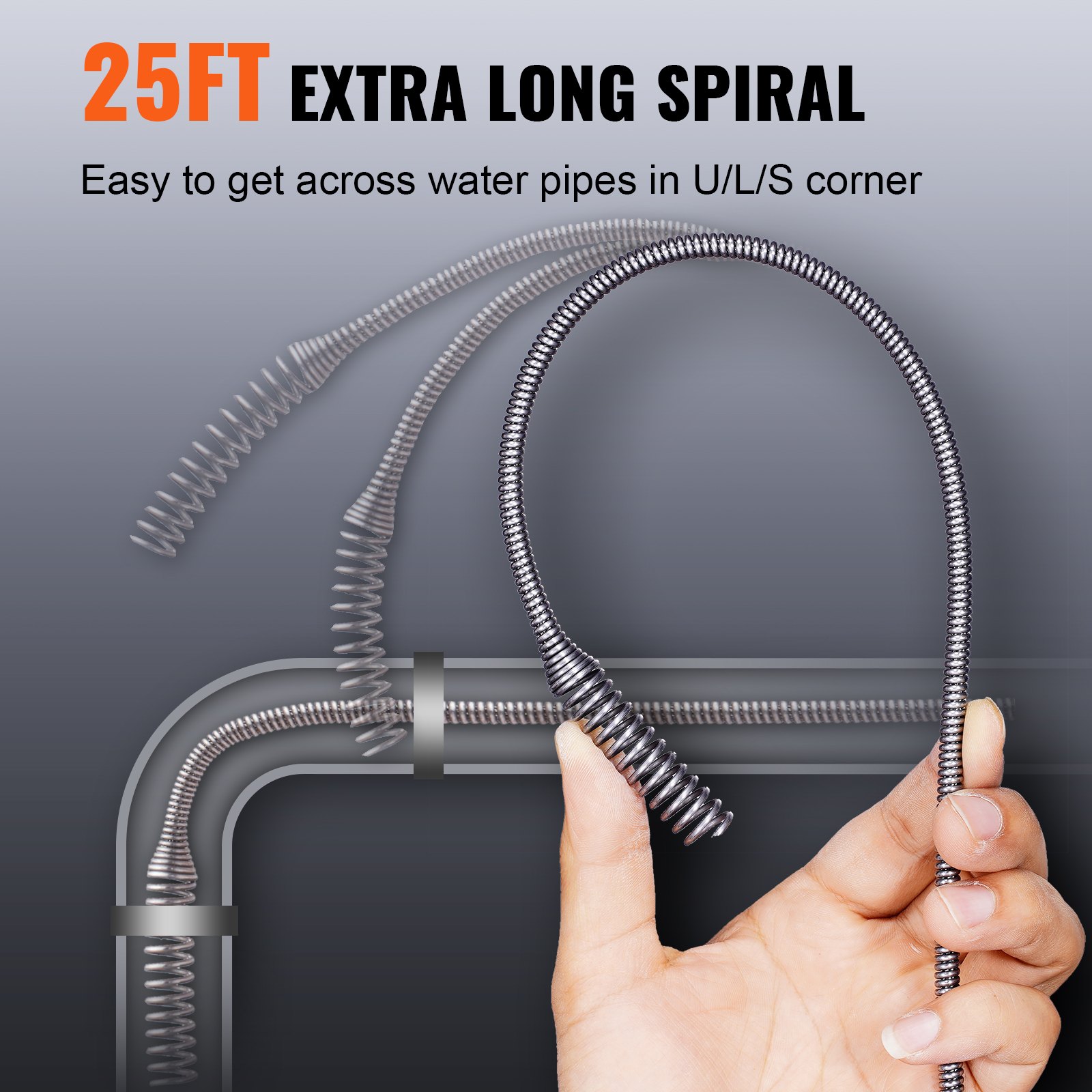 VEVOR Espiral de Limpieza de Tuberías 0,6x762 cm Serpiente de Fontanería con Accesorio de Perforación Desatascador de Desagües con Manguera Protectora y Guantes para Desatascar Inodoros, Cocina, Baño