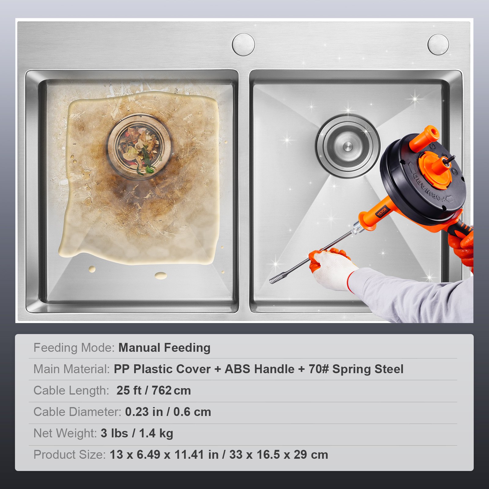 VEVOR Espiral de Limpieza de Tuberías 0,6x762 cm Serpiente de Fontanería con Accesorio de Perforación Desatascador de Desagües con Manguera Protectora y Guantes para Desatascar Inodoros, Cocina, Baño