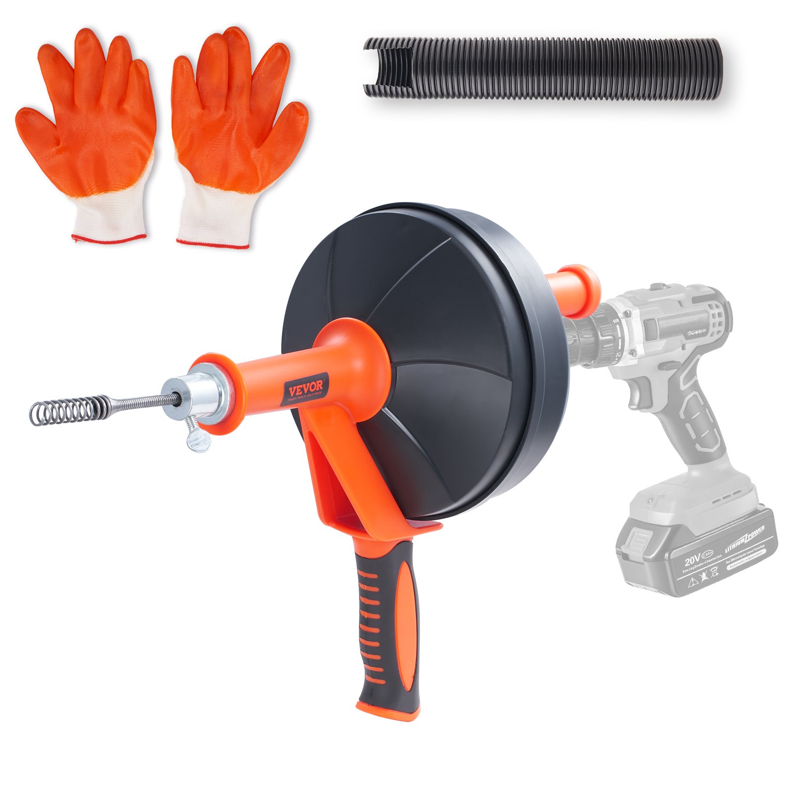 VEVOR Espiral de Limpieza de Tuberías 0,6x762 cm Serpiente de Fontanería con Accesorio de Perforación Desatascador de Desagües con Manguera Protectora y Guantes para Desatascar Inodoros, Cocina, Baño