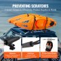 Portaequipajes para kayak VEVOR en el techo del automóvil, con kayaks de color naranja asegurados con correas y arandelas protectoras.