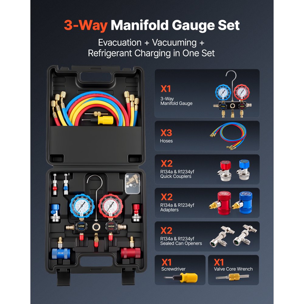 VEVOR Juego de Manómetros de 3 Vías para Carga de Refrigeración R134a R404A R1234yf R22, con Manguera de 1,5 m, Adaptadores, Acopladores Rápidos, Grifos para Mantenimiento de Aire Acondicionado