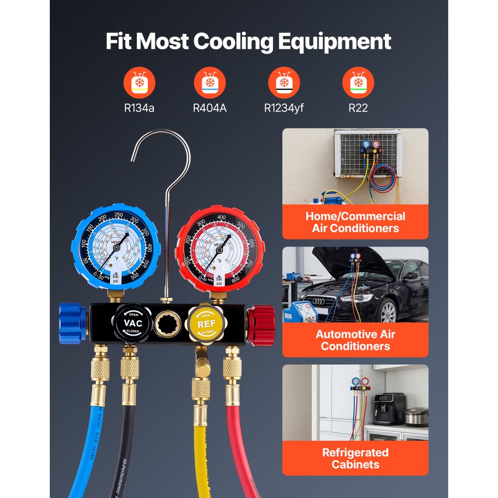 VEVOR Juego de Manómetros de 4 Vías para Carga de Refrigeración R134a R404A R1234yf R22, con Manguera de 1,5 m, Adaptadores, Acopladores Rápidos, Grifos para Mantenimiento de Aire Acondicionado