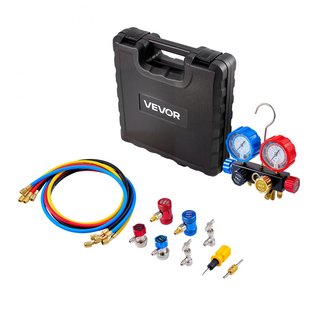 VEVOR Juego de Manómetros de 4 Vías para Carga de Refrigeración R134a R404A R1234yf R22, con Manguera de 1,5 m, Adaptadores, Acopladores Rápidos, Grifos para Mantenimiento de Aire Acondicionado