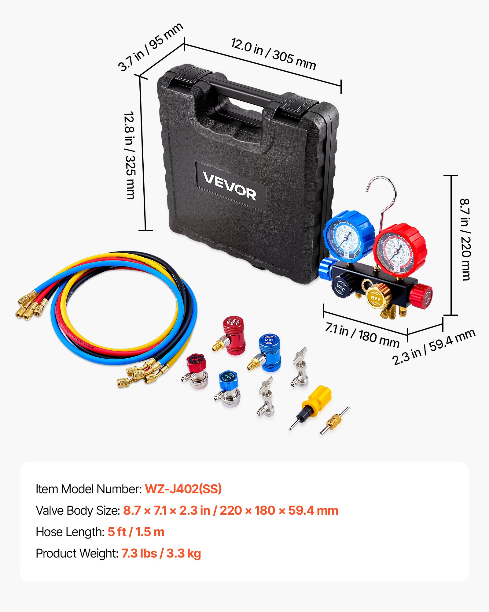 VEVOR Juego de Manómetros de 4 Vías para Carga de Refrigeración R134a R404A R1234yf R22, con Manguera de 1,5 m, Adaptadores, Acopladores Rápidos, Grifos para Mantenimiento de Aire Acondicionado