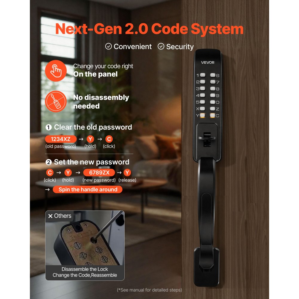 VEVOR Cerradura de Código Mecánica de Doble Cara con Teclado, 4 a 7 Dígitos sin Llave, Aleación de Aluminio con Manija Larga Husillos Bloqueo Automático para Puerta 35 a 65 mm, Garaje Exterior Entrada