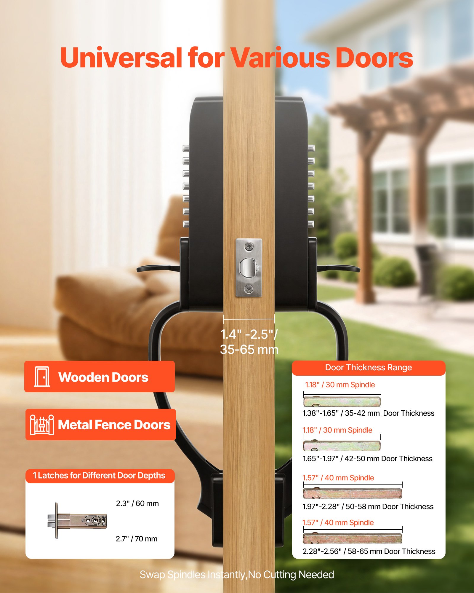 VEVOR Cerradura de Código Mecánica de Doble Cara con Teclado, 4 a 7 Dígitos sin Llave, Aleación de Aluminio con Manija Larga Husillos Bloqueo Automático para Puerta 35 a 65 mm, Garaje Exterior Entrada