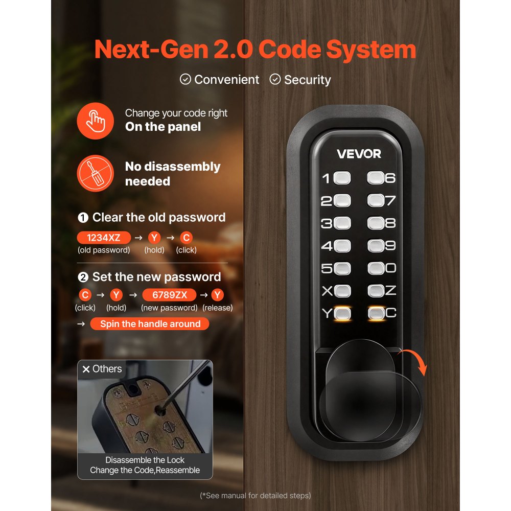 VEVOR Cerradura de Código Mecánica con Teclado, 4 a 7 Dígitos sin Llaves, Aleación de Zinc, con Manija, 4 Husillos, Pomo y Bloqueo Automático para Puertas 35 a 65 mm, Garaje Exterior Jardín Entrada