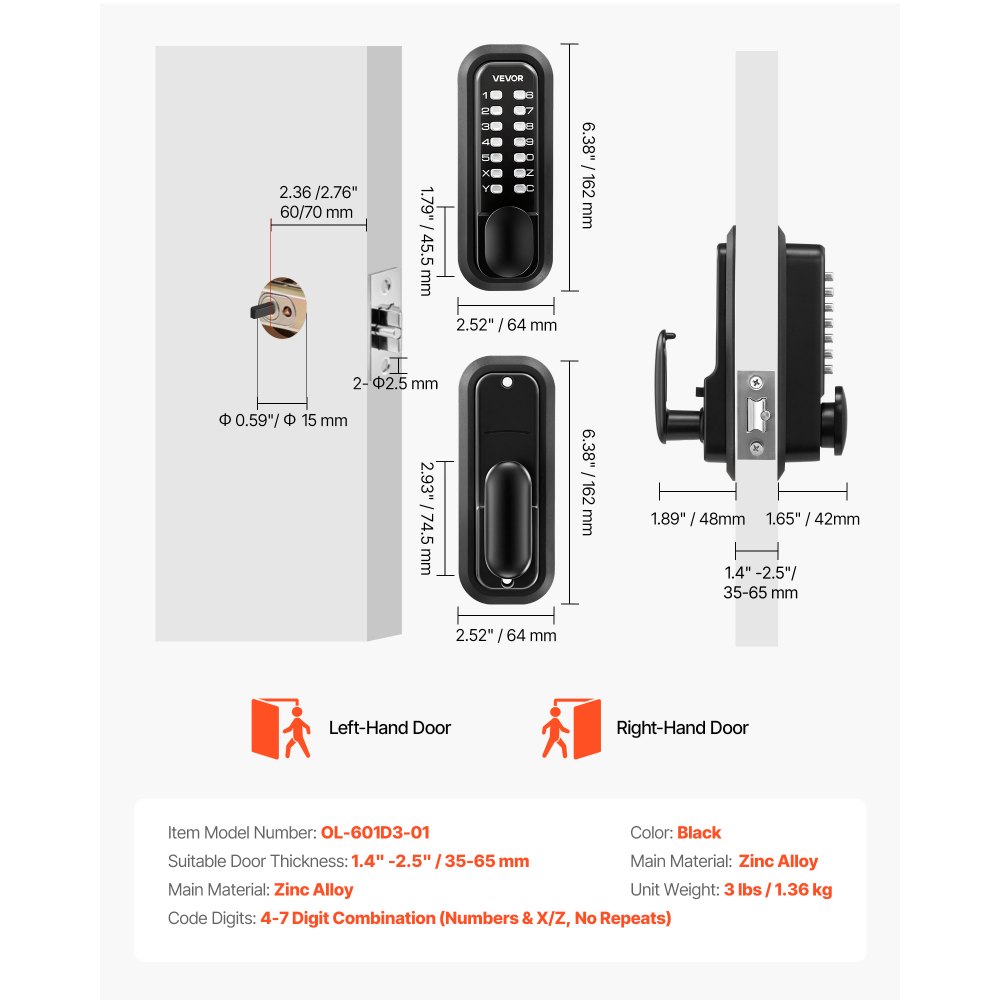 VEVOR Cerradura de Código Mecánica con Teclado, 4 a 7 Dígitos sin Llaves, Aleación de Zinc, con Manija, 4 Husillos, Pomo y Bloqueo Automático para Puertas 35 a 65 mm, Garaje Exterior Jardín Entrada
