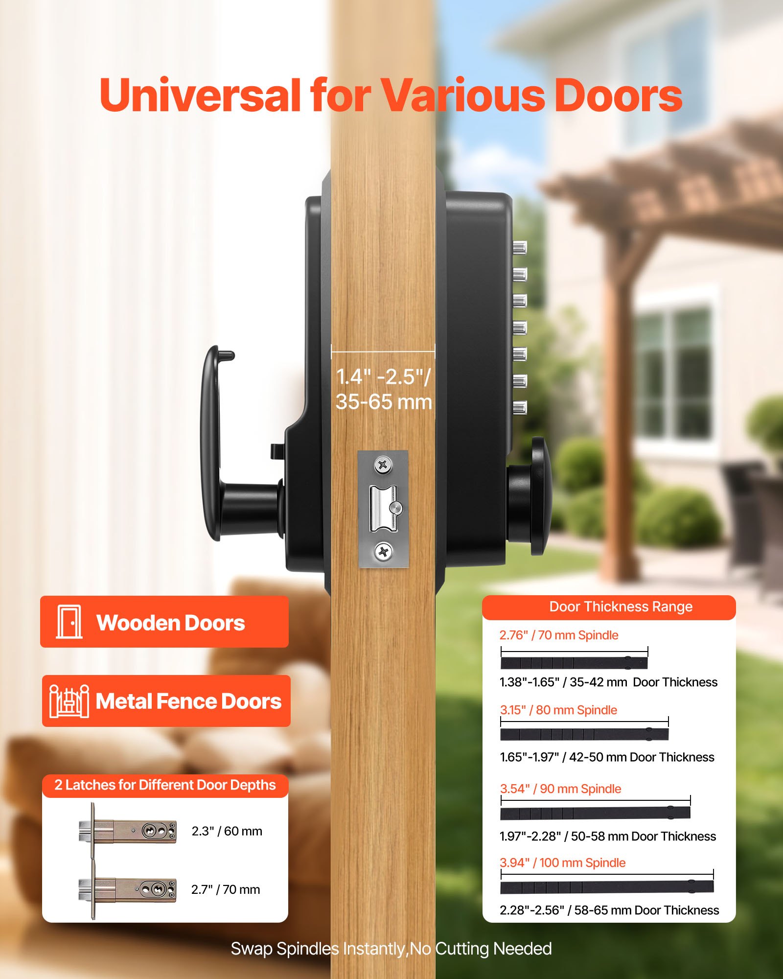 VEVOR Cerradura de Código Mecánica con Teclado, 4 a 7 Dígitos sin Llaves, Aleación de Zinc, con Manija, 4 Husillos, Pomo y Bloqueo Automático para Puertas 35 a 65 mm, Garaje Exterior Jardín Entrada
