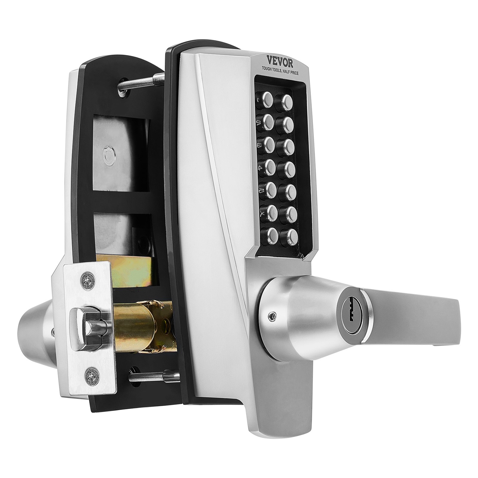 VEVOR Cerradura de Combinación Mecánica con Teclado de Una Cara 14 Teclas, Cerradura de Puerta con Manija y Llaves, Bloqueo de Código Incorporado para el Hogar, Oficina, Exterior, Cerca, Plateado