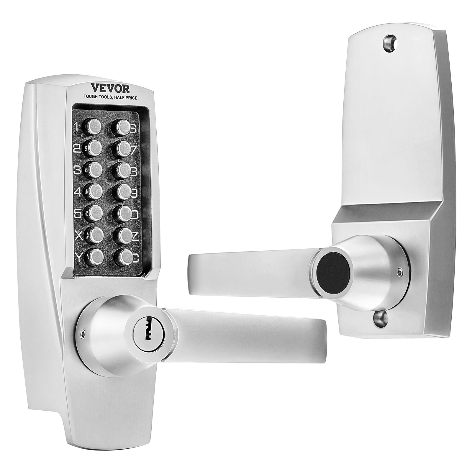 VEVOR Cerradura de Combinación Mecánica con Teclado de Una Cara 14 Teclas, Cerradura de Puerta con Manija y Llaves, Bloqueo de Código Incorporado para el Hogar, Oficina, Exterior, Cerca, Plateado