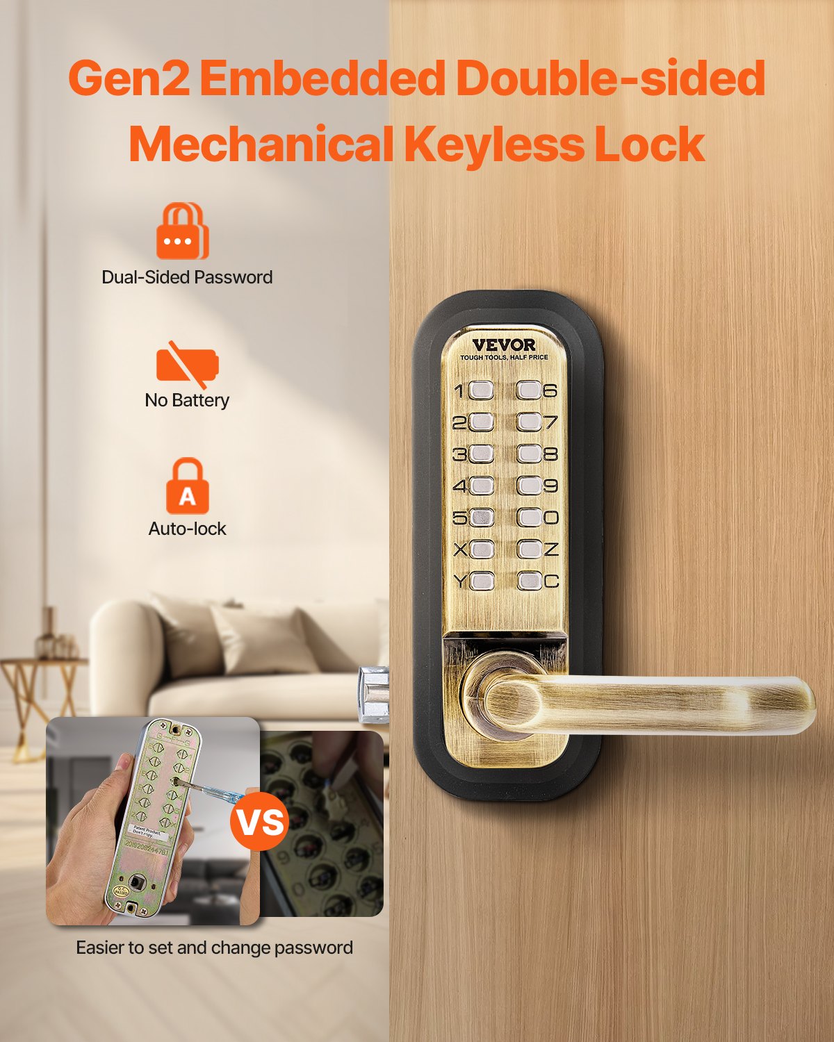 VEVOR Cerradura de Combinación Mecánica con Teclado de Doble Cara 14 Teclas, Cerradura de Puerta sin Llave con Manija, Bloqueo de Código para Puertas de 35 a 65 mm de Grosor para Oficina, Patio