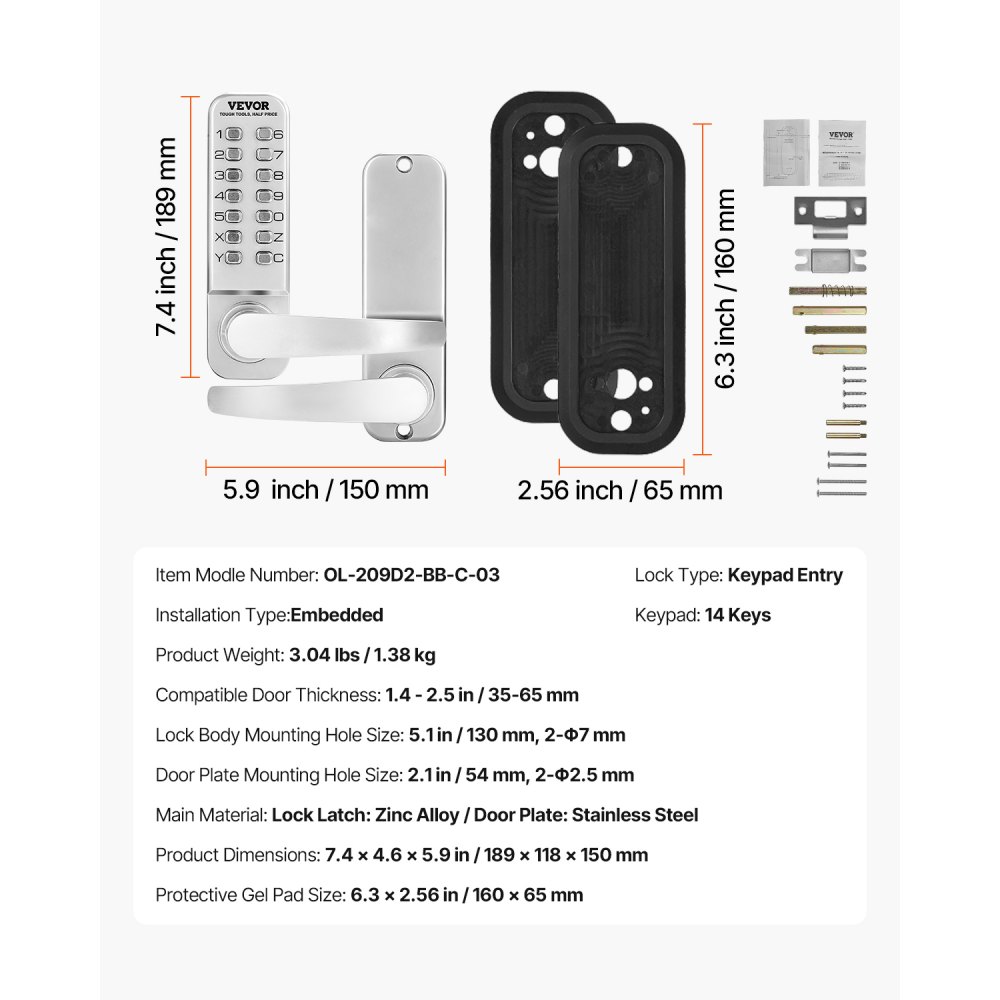 VEVOR mechanical keyless door lock with single-sided keypad (14 keys), keyless door lock with handle, code lock for house, office, outdoor fence, yard, silver (35-65 mm thick door)