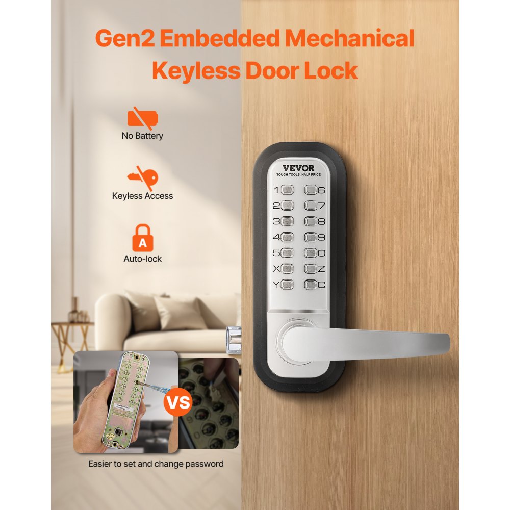 VEVOR Cerradura de Combinación Mecánica con Teclado de Una Cara 14 Teclas, Cerradura de Puerta sin Llave con Manija Adecuado para Puertas de 35 a 65 mm de Grosor para Oficina, Patio, Plateado