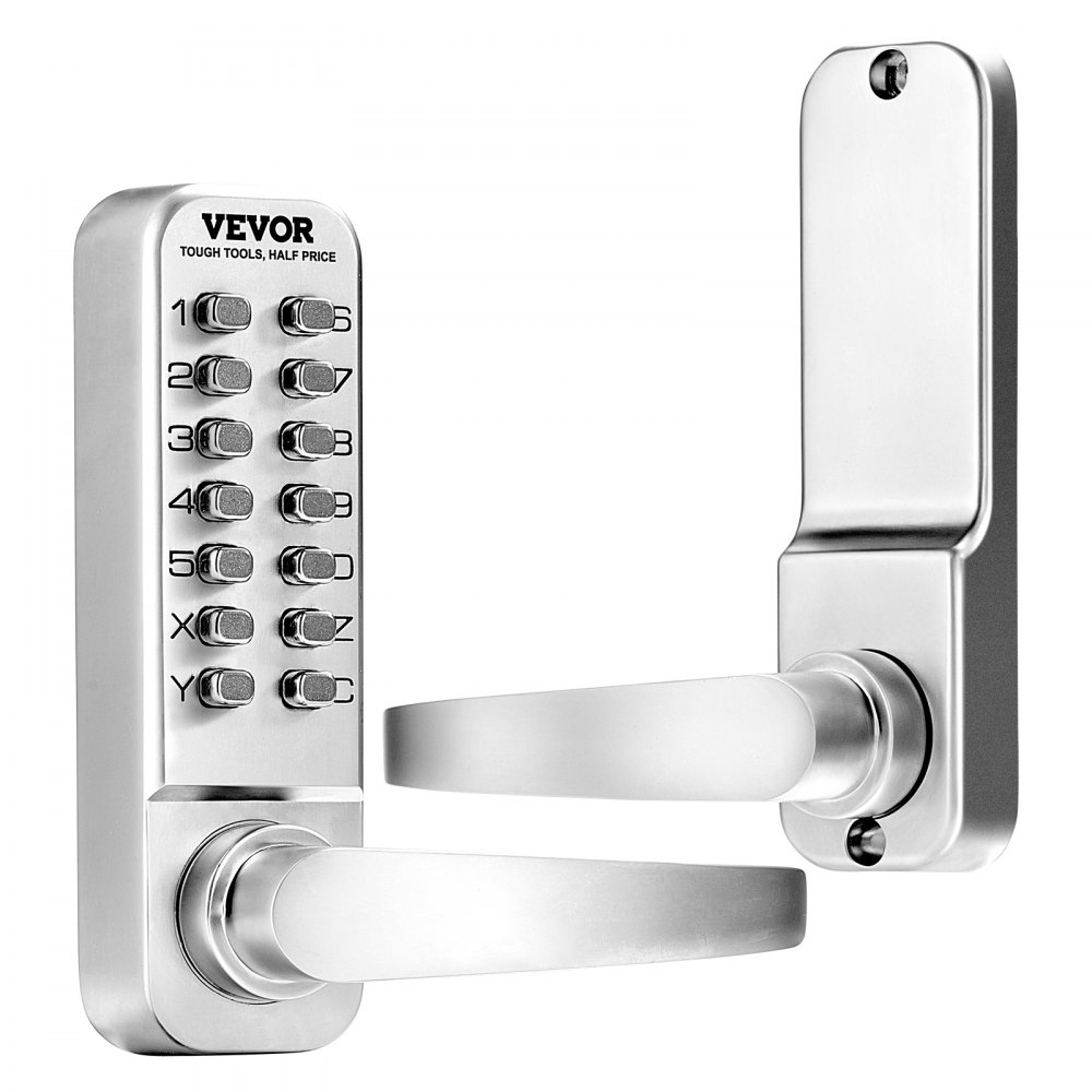 VEVOR Cerradura de Combinación Mecánica con Teclado de Una Cara 14 Teclas, Cerradura de Puerta sin Llave con Manija Adecuado para Puertas de 35 a 65 mm de Grosor para Oficina, Patio, Plateado