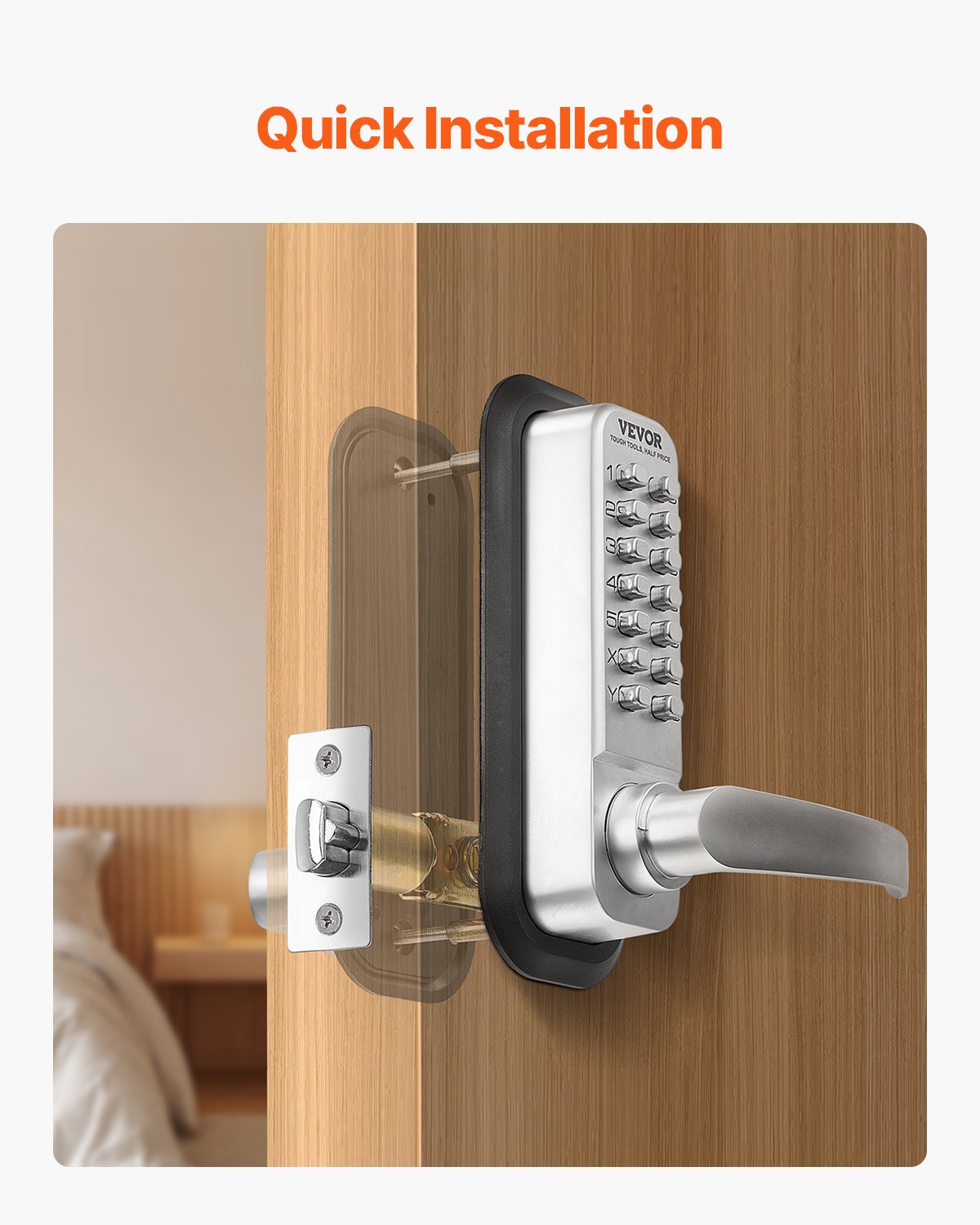 VEVOR Cerradura de Combinación Mecánica con Teclado de Una Cara 14 Teclas, Cerradura de Puerta sin Llave con Manija Adecuado para Puertas de 35 a 65 mm de Grosor para Oficina, Patio, Plateado