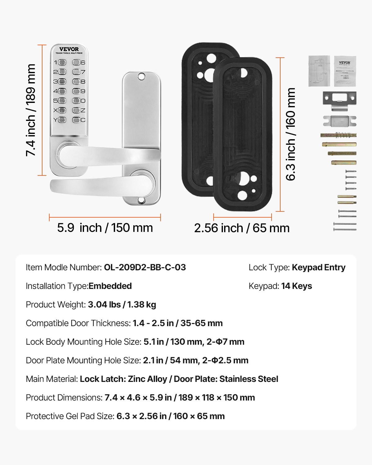 VEVOR Cerradura de Combinación Mecánica con Teclado de Una Cara 14 Teclas, Cerradura de Puerta sin Llave con Manija Adecuado para Puertas de 35 a 65 mm de Grosor para Oficina, Patio, Plateado
