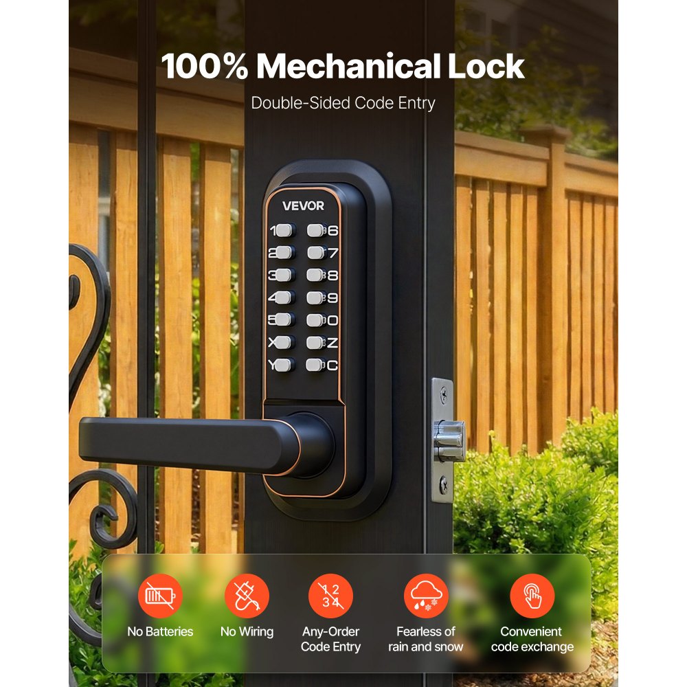 VEVOR Cerradura de Código Mecánica de Doble Cara con Teclado, 4 a 7 Dígitos sin Llaves, Aleación de Zinc, con Manija Husillos Bloqueo Automático para Puertas 35 a 65 mm, Entrada Garaje Exterior Jardín