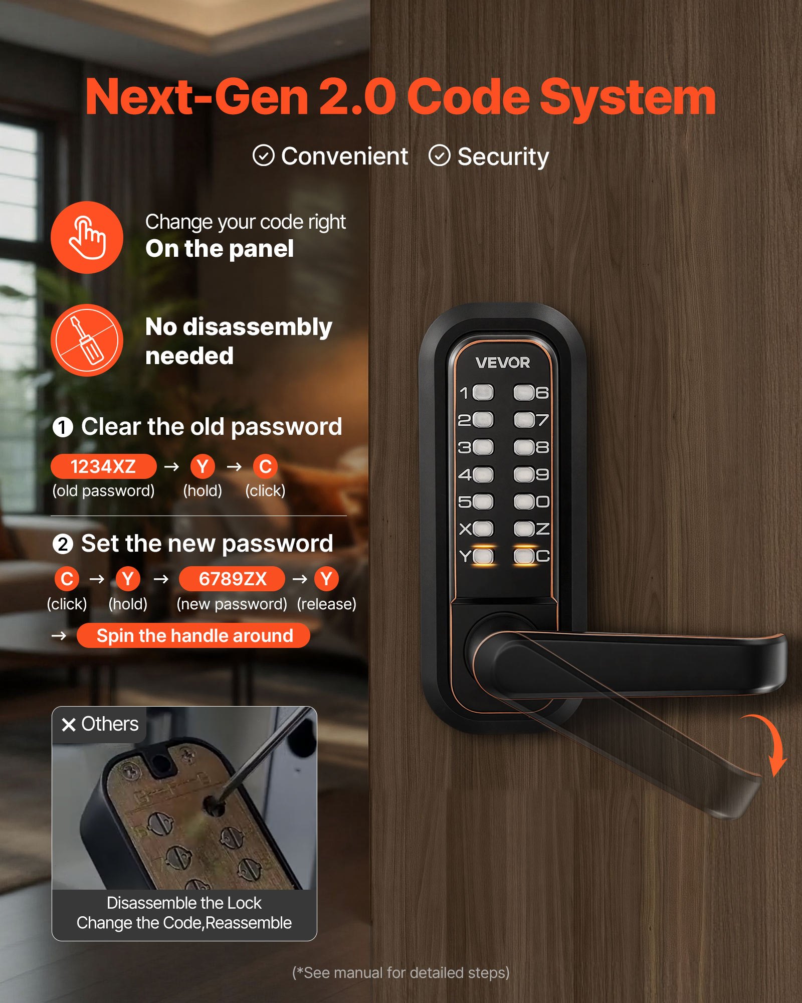 VEVOR Cerradura de Código Mecánica de Doble Cara con Teclado, 4 a 7 Dígitos sin Llaves, Aleación de Zinc, con Manija Husillos Bloqueo Automático para Puertas 35 a 65 mm, Entrada Garaje Exterior Jardín