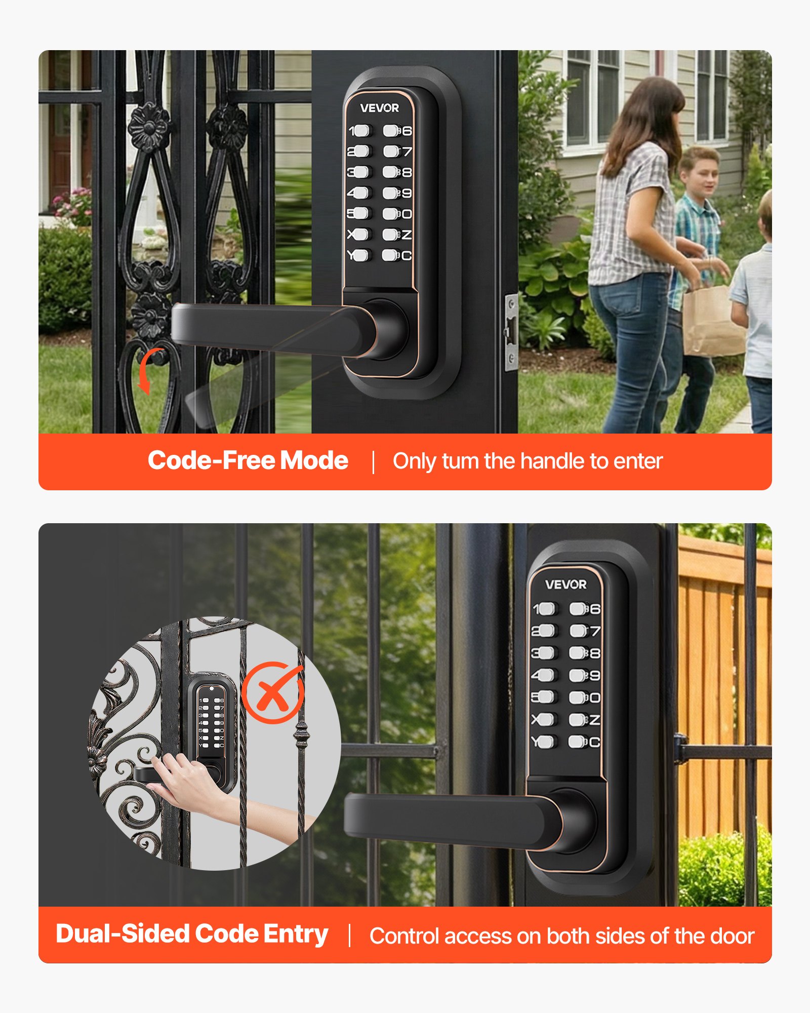 VEVOR Cerradura de Código Mecánica de Doble Cara con Teclado, 4 a 7 Dígitos sin Llaves, Aleación de Zinc, con Manija Husillos Bloqueo Automático para Puertas 35 a 65 mm, Entrada Garaje Exterior Jardín