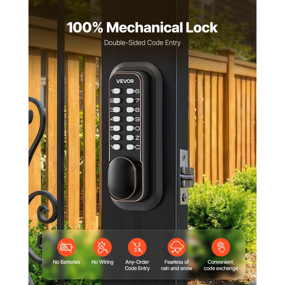 VEVOR Cerradura de Código Mecánica de Doble Cara con Teclado, 4 a 7 Dígitos sin Llaves, Aleación de Zinc, con Bloqueo Automático, Pomo, Husillos para Puertas 35 a 65 mm, Entrada Garaje Jardín Exterior