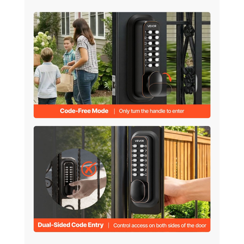 VEVOR Cerradura de Código Mecánica de Doble Cara con Teclado, 4 a 7 Dígitos sin Llaves, Aleación de Zinc, con Bloqueo Automático, Pomo, Husillos para Puertas 35 a 65 mm, Entrada Garaje Jardín Exterior