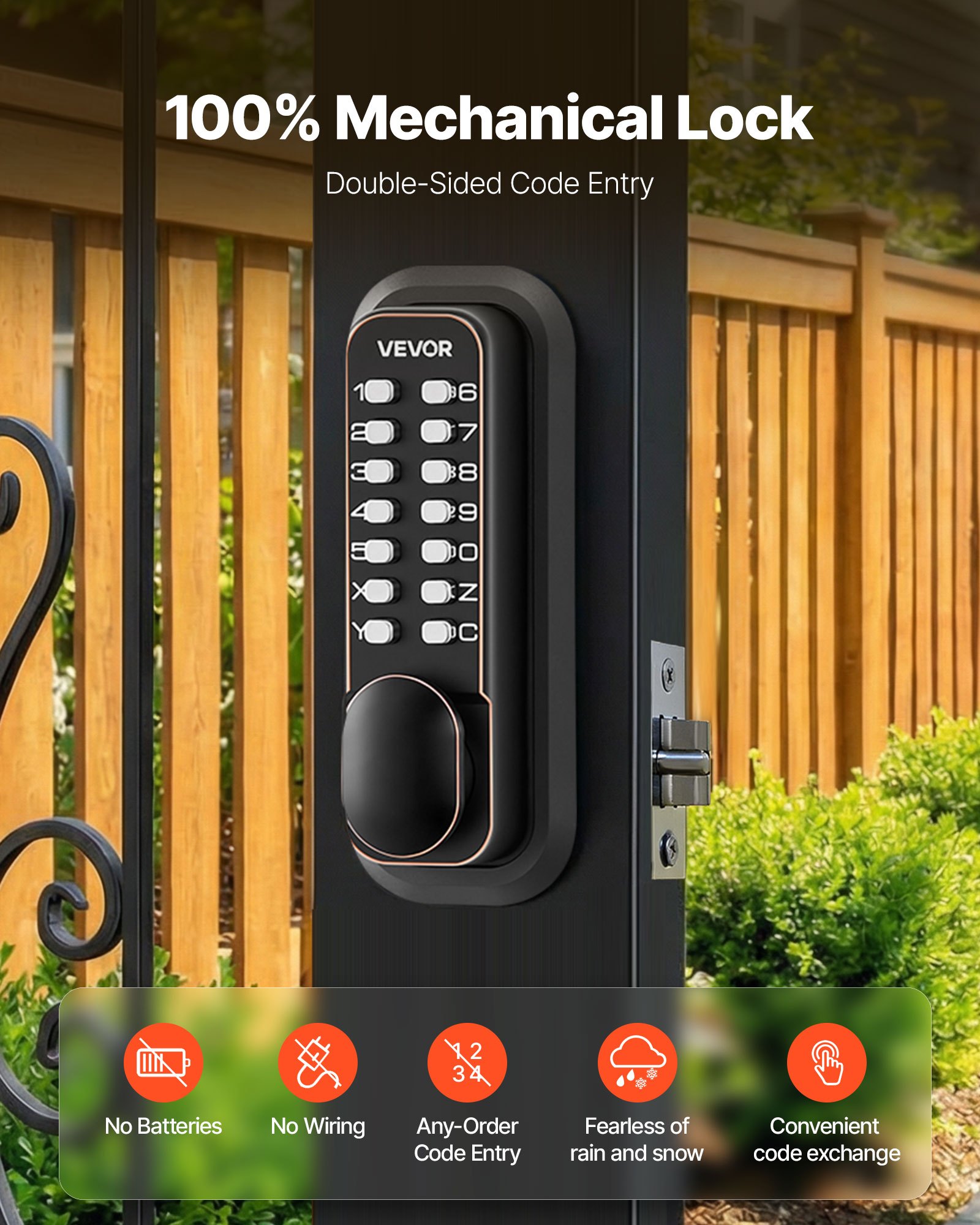 VEVOR Cerradura de Código Mecánica de Doble Cara con Teclado, 4 a 7 Dígitos sin Llaves, Aleación de Zinc, con Bloqueo Automático, Pomo, Husillos para Puertas 35 a 65 mm, Entrada Garaje Jardín Exterior