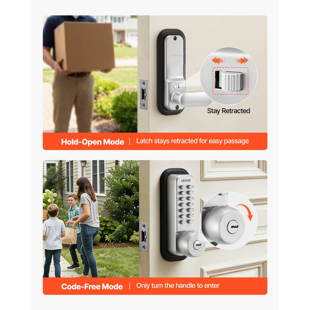 VEVOR Cerradura de Código Mecánica con Teclado, 4 a 7 Dígitos sin Llaves, Aleación de Zinc, Cerradura de Combinación con Bloqueo Automático para Puertas 35 a 65 mm, Entrada, Garaje, Jardín, Exterior
