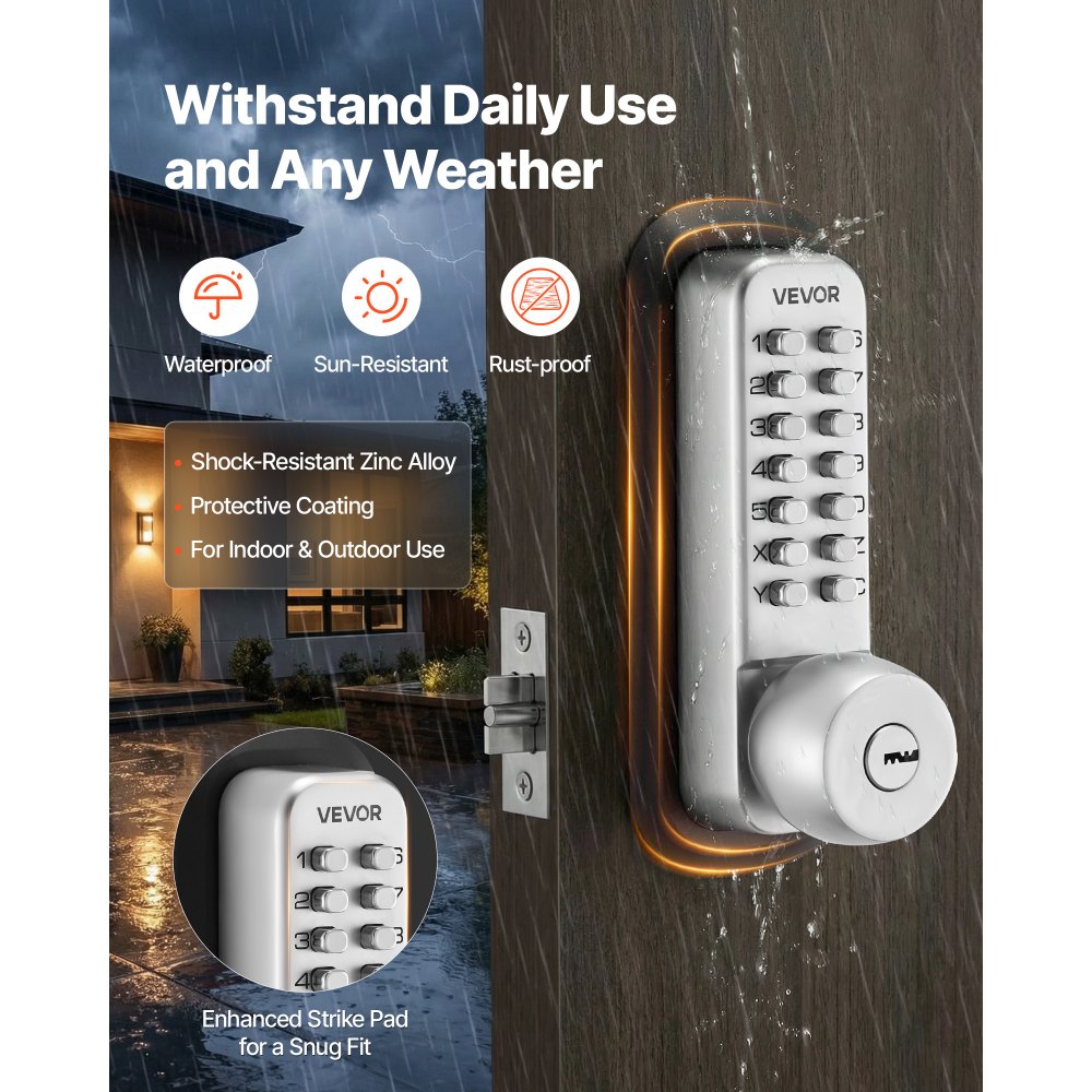 VEVOR Cerradura de Código Mecánica con Teclado, 4 a 7 Dígitos sin Llaves, Aleación de Zinc, Cerradura de Combinación con Bloqueo Automático para Puertas 35 a 65 mm, Entrada, Garaje, Jardín, Exterior