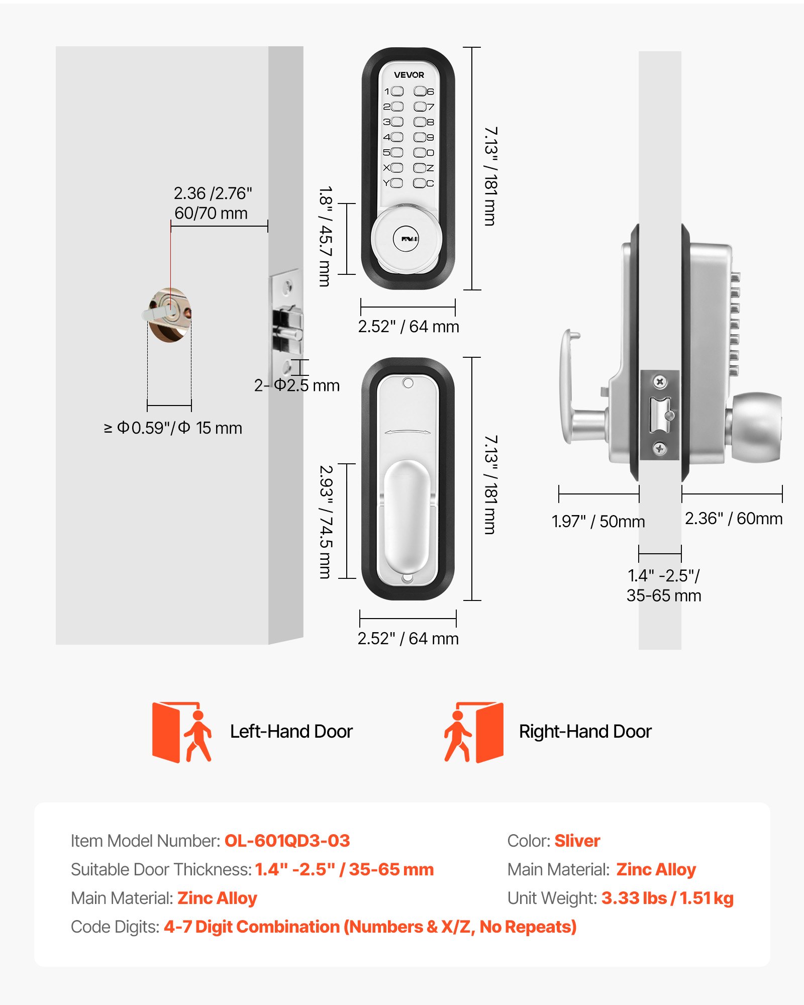 VEVOR Cerradura de Código Mecánica con Teclado, 4 a 7 Dígitos sin Llaves, Aleación de Zinc, Cerradura de Combinación con Bloqueo Automático para Puertas 35 a 65 mm, Entrada, Garaje, Jardín, Exterior