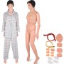 Maniquí de entrenamiento médico VEVOR con accesorios y piezas desmontables en bata de hospital.