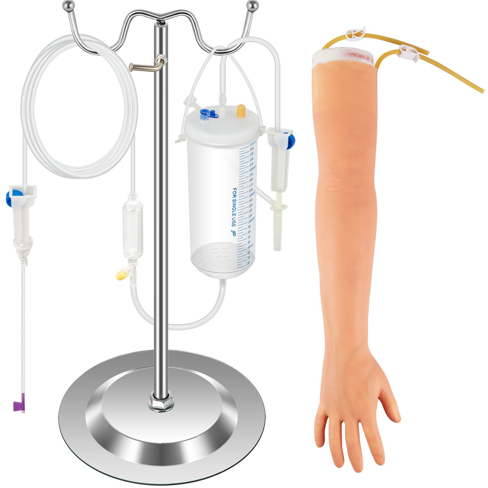 VEVOR Phlebotomy Kit, IV Training Arm 12 pcs. Phlebotomy Arm Practice Kit 40-70 cm Stand Height, Training Arm for Intravenous Injection Incl. IV Stand, Blood Lancet, Tubing/Vein Connector, Tourniquet
