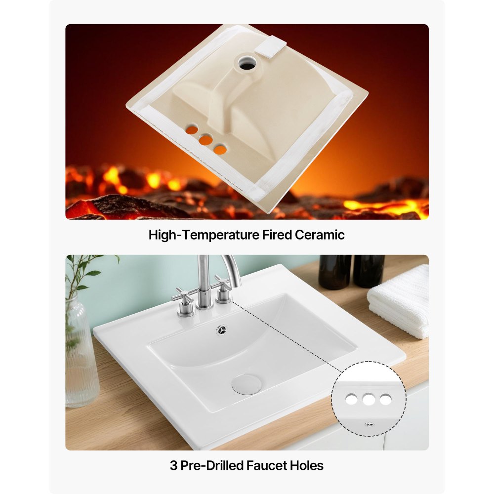 VEVOR Lavabo Semiencastrado Rectangular, 510 x 465 x 170 mm, Sobre Encimera con Rebosadero y 3 Orificios para Grifo, Moderno Lavabo Empotrado para Espacios Pequeños, Cocina y Baño, Color Blanco