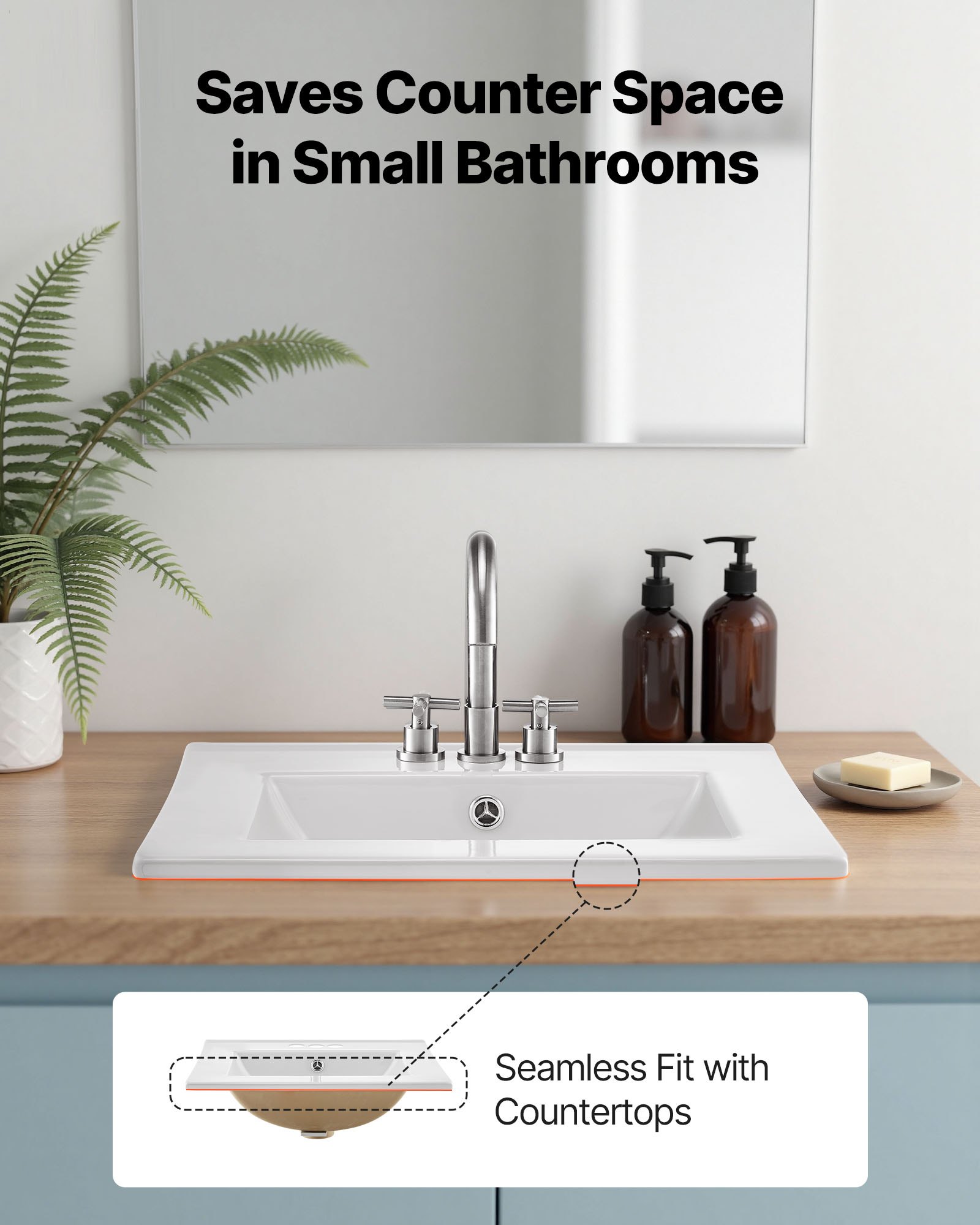 VEVOR Lavabo Semiencastrado Rectangular, 510 x 465 x 170 mm, Sobre Encimera con Rebosadero y 3 Orificios para Grifo, Moderno Lavabo Empotrado para Espacios Pequeños, Cocina y Baño, Color Blanco