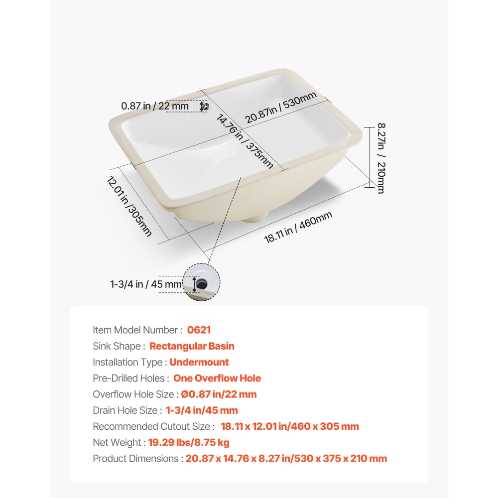 VEVOR Lavabo Bajo Encimera de Cerámica Rectangular, con Rebosadero, Fregadero de Cocina Moderno para Espacios Pequeños, Resistente a las Manchas y el Amarilleo, Color Blanco, 530 x 375 x 210 mm