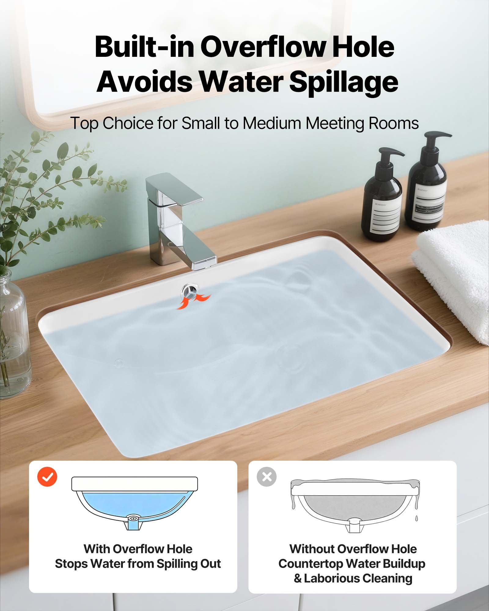 VEVOR Lavabo Bajo Encimera de Cerámica Rectangular, con Rebosadero, Fregadero de Cocina Moderno para Espacios Pequeños, Resistente a las Manchas y el Amarilleo, Color Blanco, 530 x 375 x 210 mm