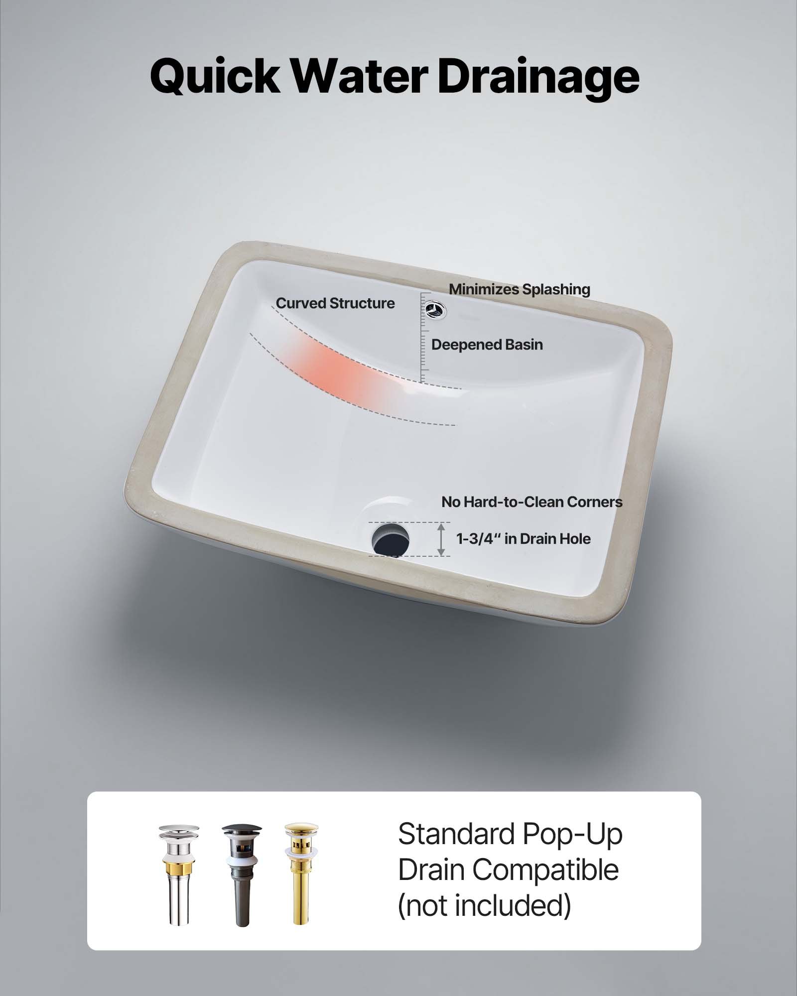 VEVOR Lavabo Bajo Encimera de Cerámica Rectangular, con Rebosadero, Fregadero de Cocina Moderno para Espacios Pequeños, Resistente a las Manchas y el Amarilleo, Color Blanco, 530 x 375 x 210 mm