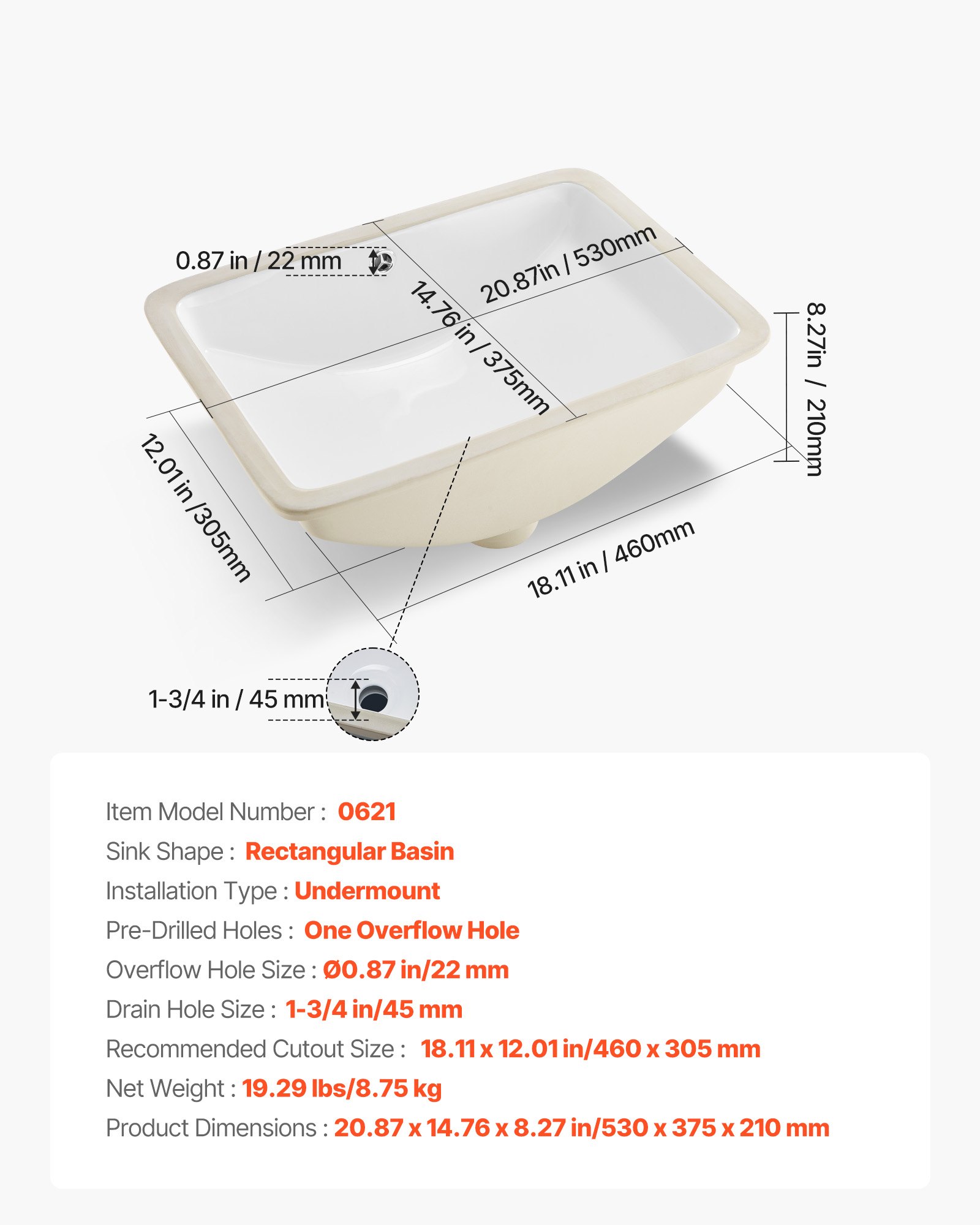VEVOR Lavabo Bajo Encimera de Cerámica Rectangular, con Rebosadero, Fregadero de Cocina Moderno para Espacios Pequeños, Resistente a las Manchas y el Amarilleo, Color Blanco, 530 x 375 x 210 mm