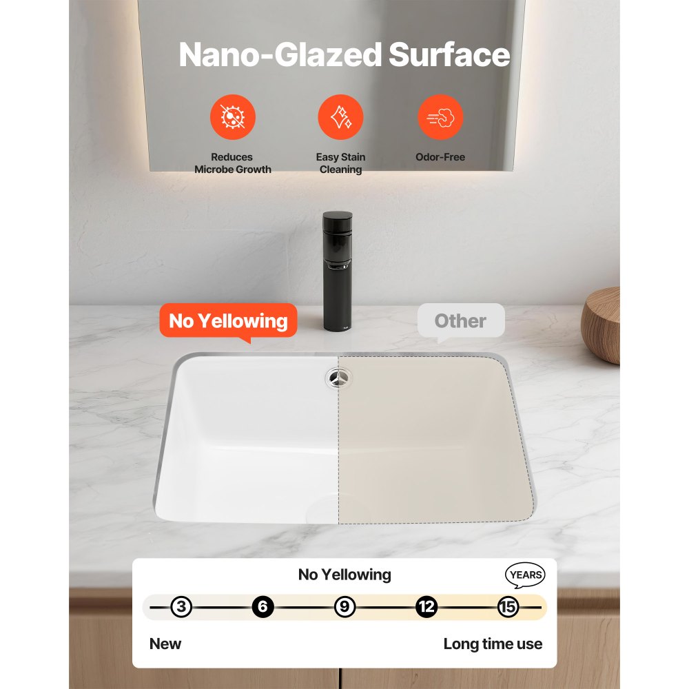 VEVOR Lavabo Bajo Encimera de Cerámica Rectangular, con Rebosadero, Fregadero de Cocina Moderno para Espacios Pequeños, Resistente a las Manchas y el Amarilleo, Color Blanco, 400 x 305 x 180 mm