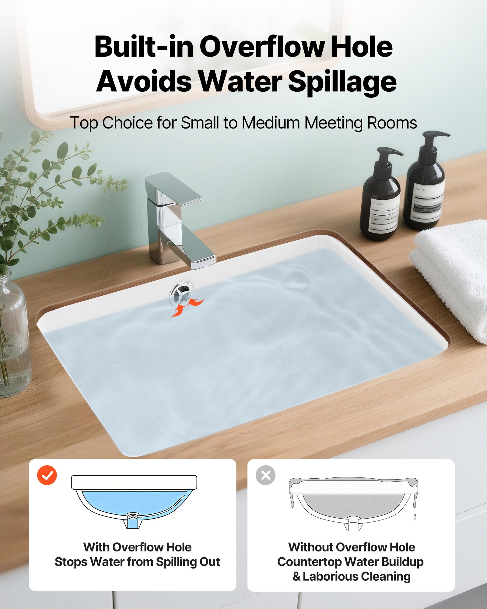 VEVOR Lavabo Bajo Encimera de Cerámica Rectangular, con Rebosadero, Fregadero de Cocina Moderno para Espacios Pequeños, Resistente a las Manchas y el Amarilleo, Color Blanco, 400 x 305 x 180 mm