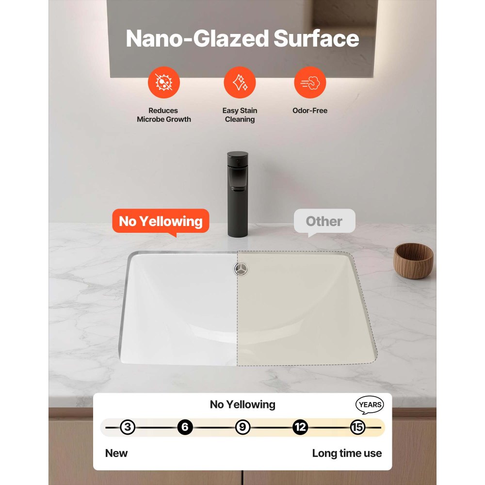 VEVOR Lavabo Bajo Encimera de Cerámica Rectangular, con Rebosadero, Fregadero de Cocina Moderno para Espacios Pequeños, Resistente a las Manchas y el Amarilleo, Color Blanco, 460 x 330 x 185 mm